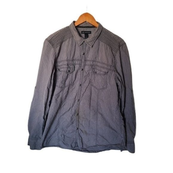 I.N.C. Mens Long Sleeve Gray‎ Stripe Shirt XL Snap - Picture 2 of 14